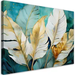 WANDBILD weiße und goldene bananenblätter türkis