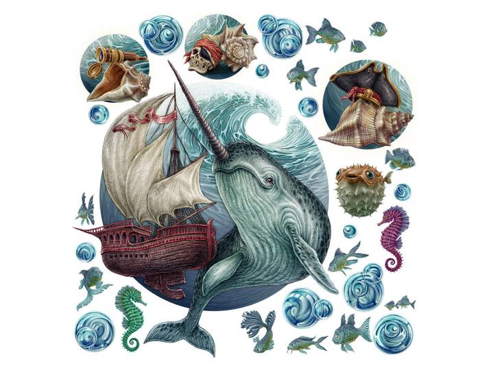 Wallfluent Wandaufkleber 100x109cm - Meerestiere, Mehrfarbig, Kunststoff, Rechteckig, 100x109x0.1 cm, Tapeten & Wandverkleidungen, Wandtattoos & Sticker, Wandtattoos