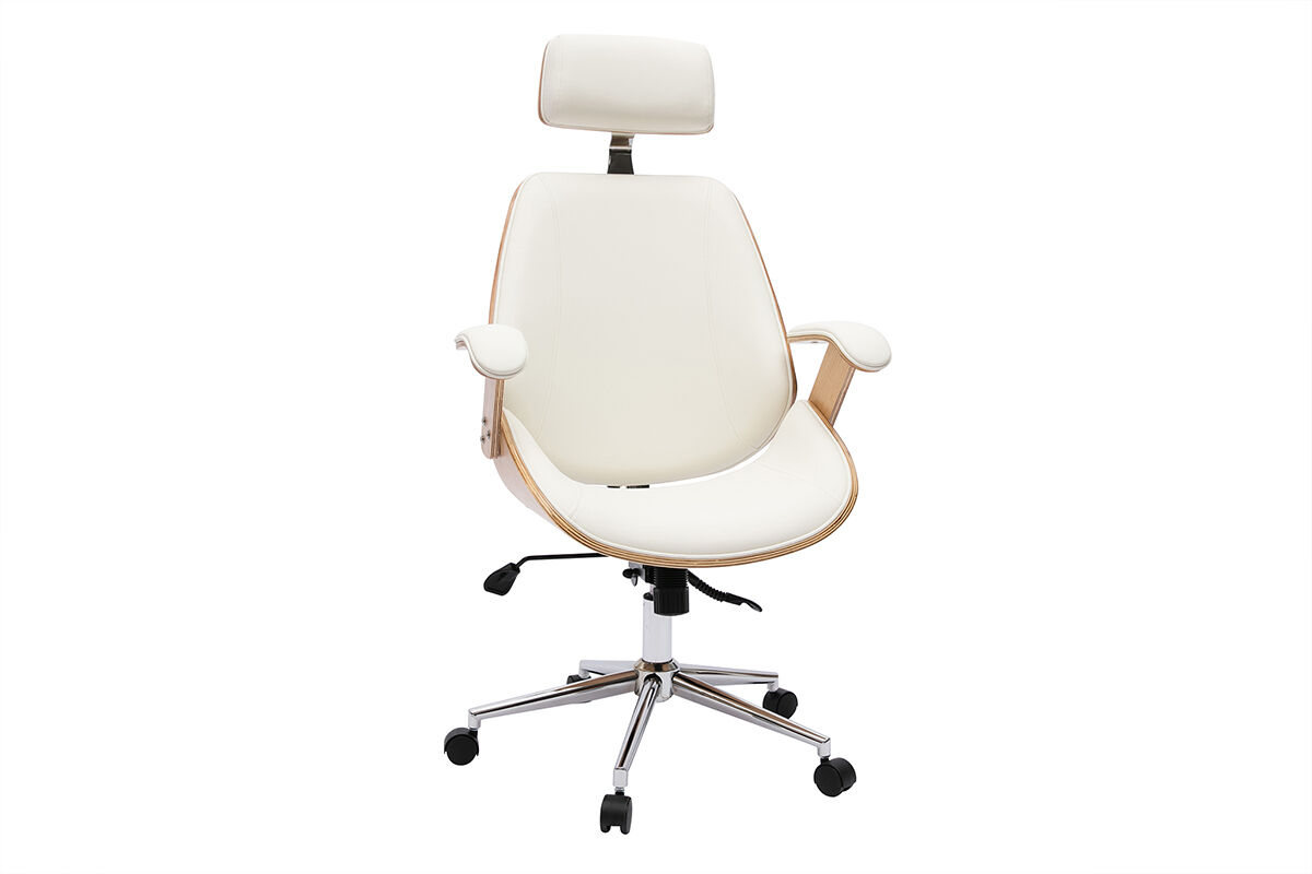 Miliboo Fauteuil de bureau de direction design blanc, bois clair et acier chromé MUSK