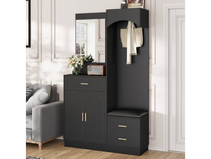 Vestiaire d'entrée compact noir avec miroir meuble à chaussures banc et rangements en MDF