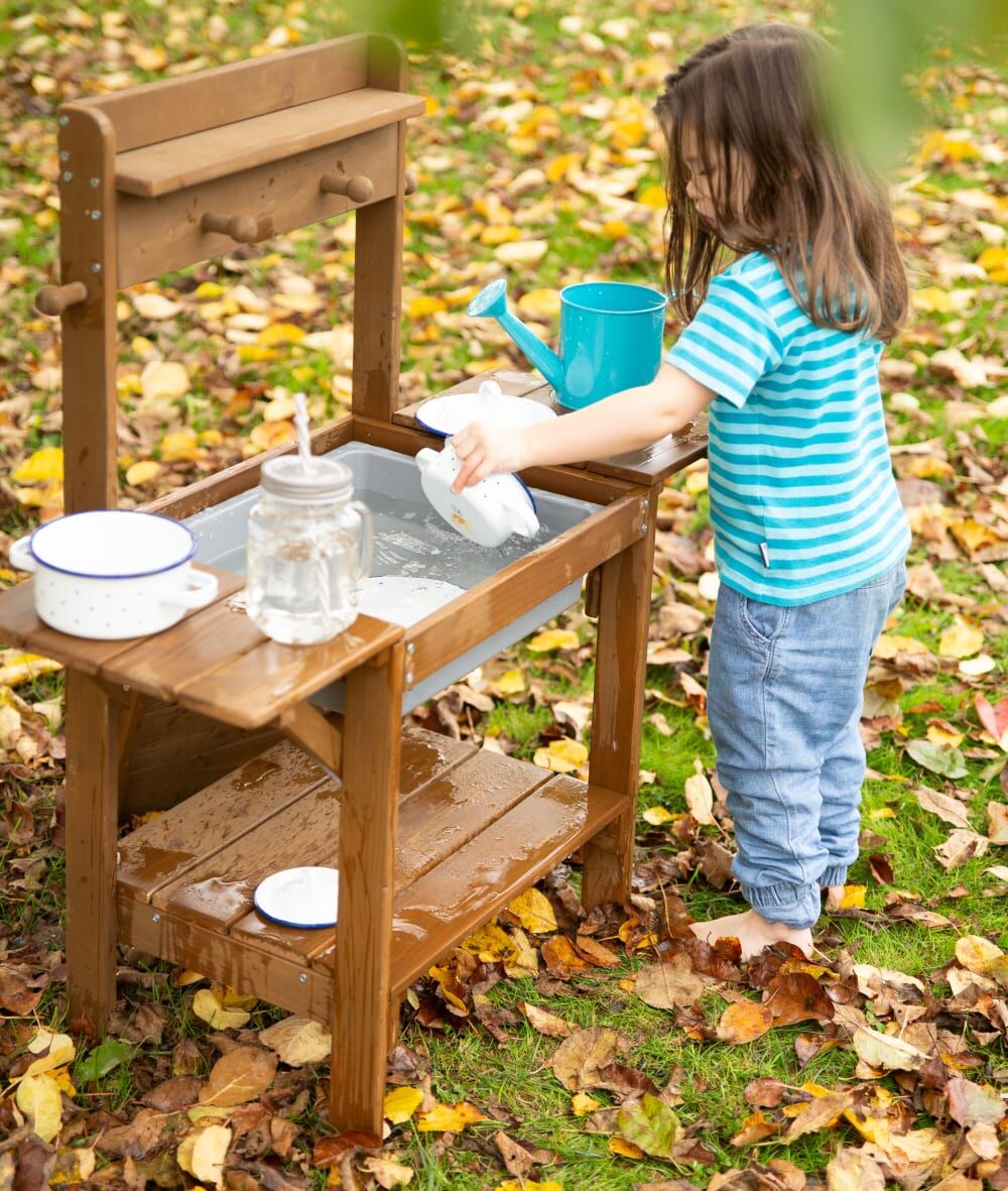 roba Cuisine de jardin pour enfant en bois teck avec bac plastique Marron 35x89x82cm