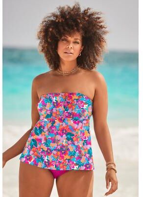 Plus Size Women's Smocked Bandeau Tankini Top by Swimsuits For All in Fruit Punch Flowers (Size 12)