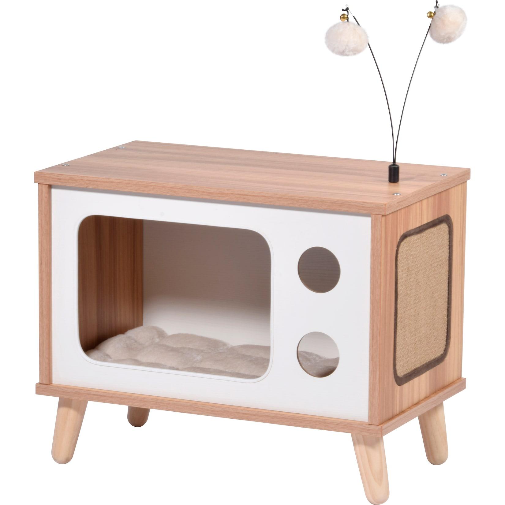 Katzenhöhle TV-Design mit Spielbällen, Jute-Fläche & Plüschkissen