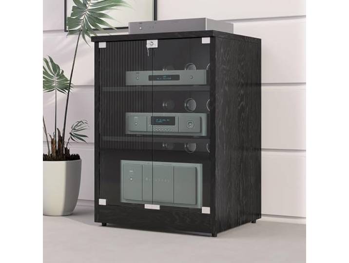 Medien Schrank, AV Stereo Rack mit Verstellbaren Ablagen und Glastüren Verstellbare Ablagen, Glastüren, Kabelmanagement, für CD-Player, Plattenspieler, Stereo-Receiver und Mediengeräte
