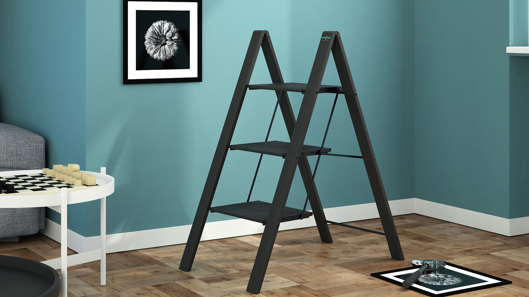 Trittleiter BISCHOF COLOMBO "Leonardo 2", schwarz (schwarz, dunkelgrau), B:50cm H:109cm, Aluminium, Leitern, Trittleiter, 3-stufig, klappbar, rutschfeste Stufen, Tragkraft 150 kg
