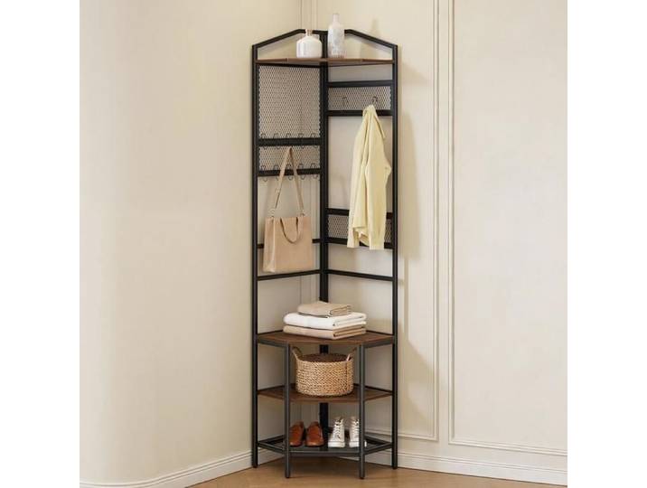 Porte-Manteau d'Angle Meuble Vestiaire d'Entrée avec Crochets Étagère et Range-Chaussures Cadre Acier 43x43x181cm