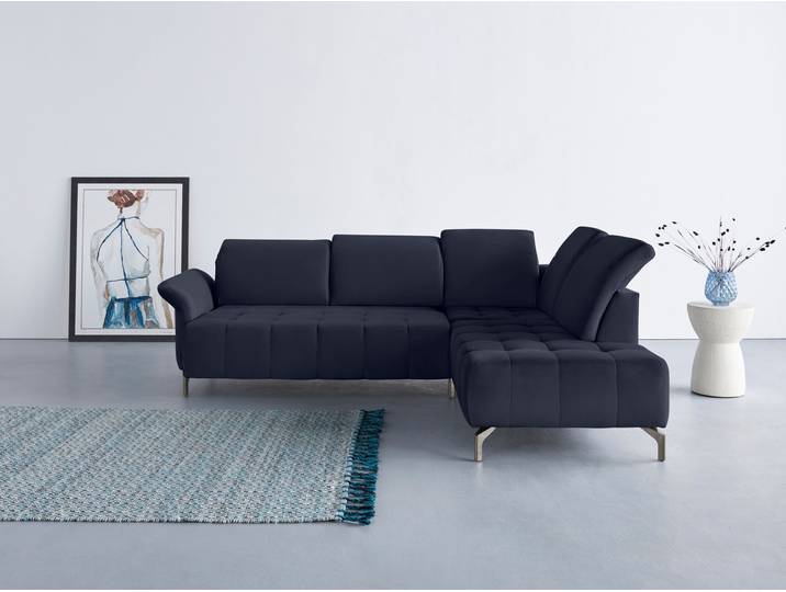 Ecksofa, 260x220 cm, Polyester, Blau, Kopfteilverstellung & Ottomane rechts, Modern, Inosign