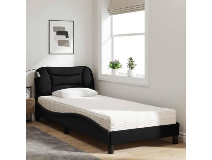 KTHLBRH Einzelbett mit Matratze, 90 x 190 cm, Schwarz Mit Latten aus Sperrholz, PU-Schaum 22D, Härte H2 und H3, inklusive Kopfkissen