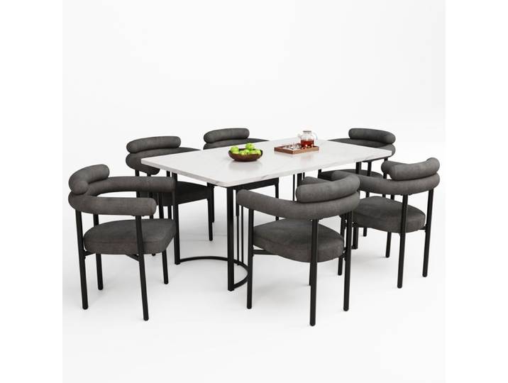VLIVRA Ensemble Table et 6 Fauteuils - MDF Métal et Velours - Blanc et Gris Foncé