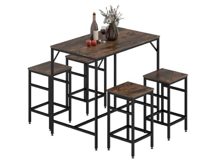 HOMCOM 5-Teiliges Bartisch Set mit 4 Stühlen für Küche, Rustikal-Braun Bartisch mit Barhocker-Set, Esstisch, Küchentisch, für Esszimmer