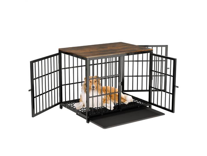 Cage pour chien en bois, meuble pour animaux de compagnie en métal noir, cage pour chien blanche, table d'appoint, 3 portes et plateau amovible, pour chiens de petite/moyenne/grande taille