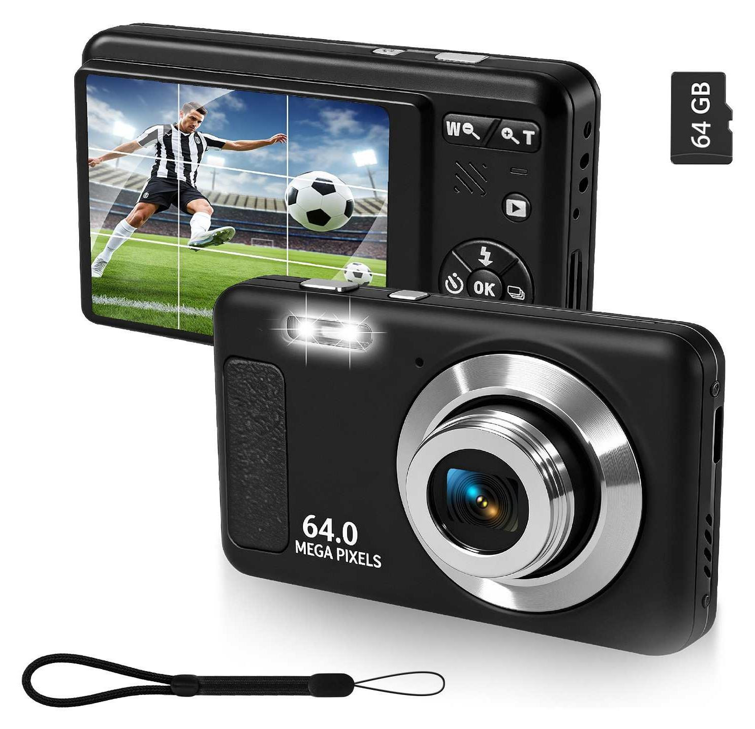 Zelurxx Mini-digitale camera met 64MP, 16x zoom, 2,4 inch display en 64 GB, zwart