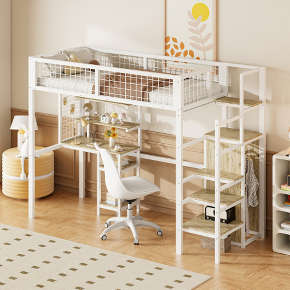 Hochbett Kinderbett 90x200 mit Sicherheitsleiter, Kinderbett mit Eisenrahmen Kleiderschrank und Computertisch