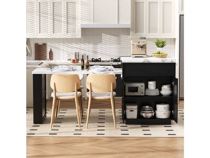 Îlot central de cuisine extensible - Noir - Effet marbre blanc - LED - USB/Type-C - Roulettes cachées