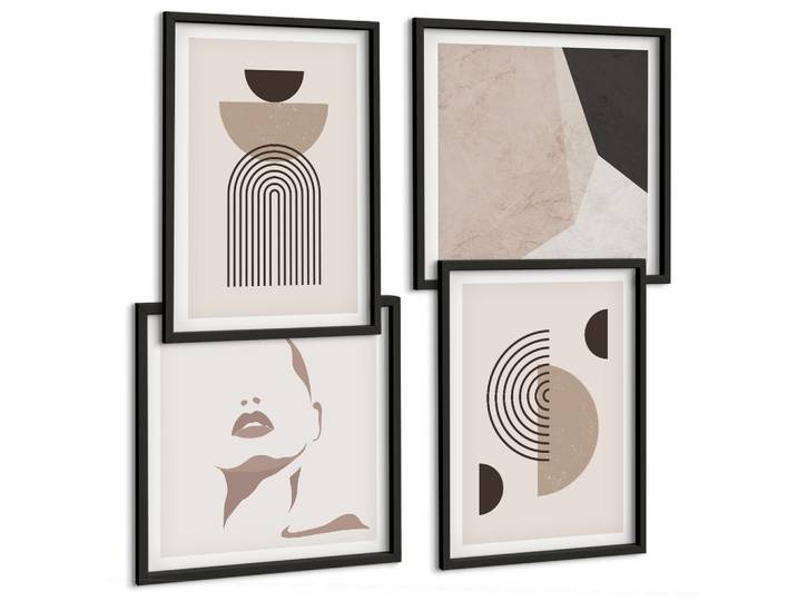 BILDER SET 4er Set - 50x50 cm & 40x60 cm Schwarzer Rahmen - Abstrakte Gesichtsformen
