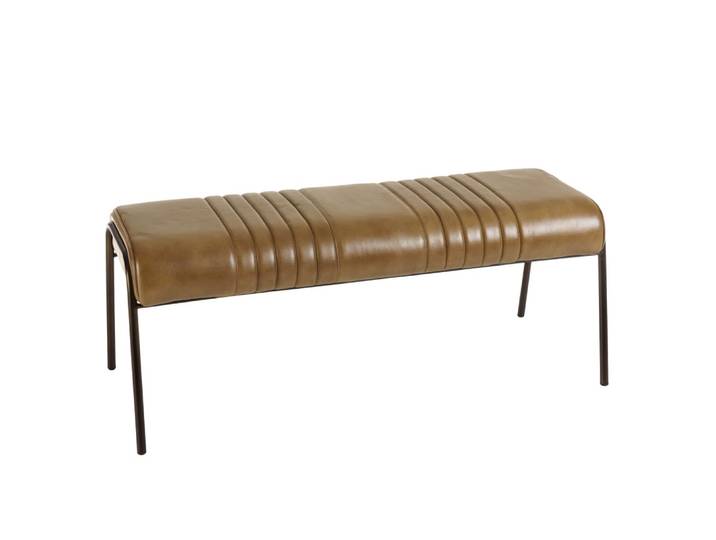 Banc matelassé en cuir marron et pieds acier