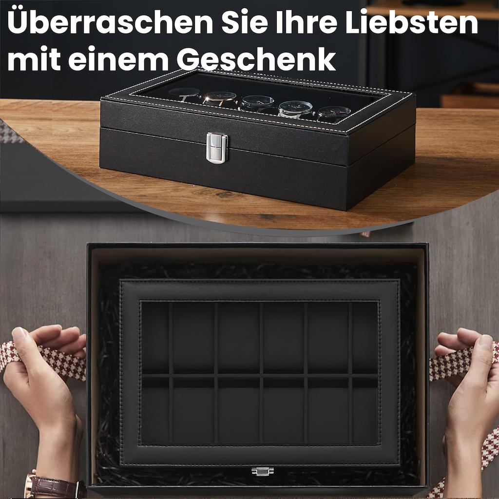 SONGMICS Uhrenbox mit 12 Fächern, Uhrenkasten, Glasdeckel JWBB3512B