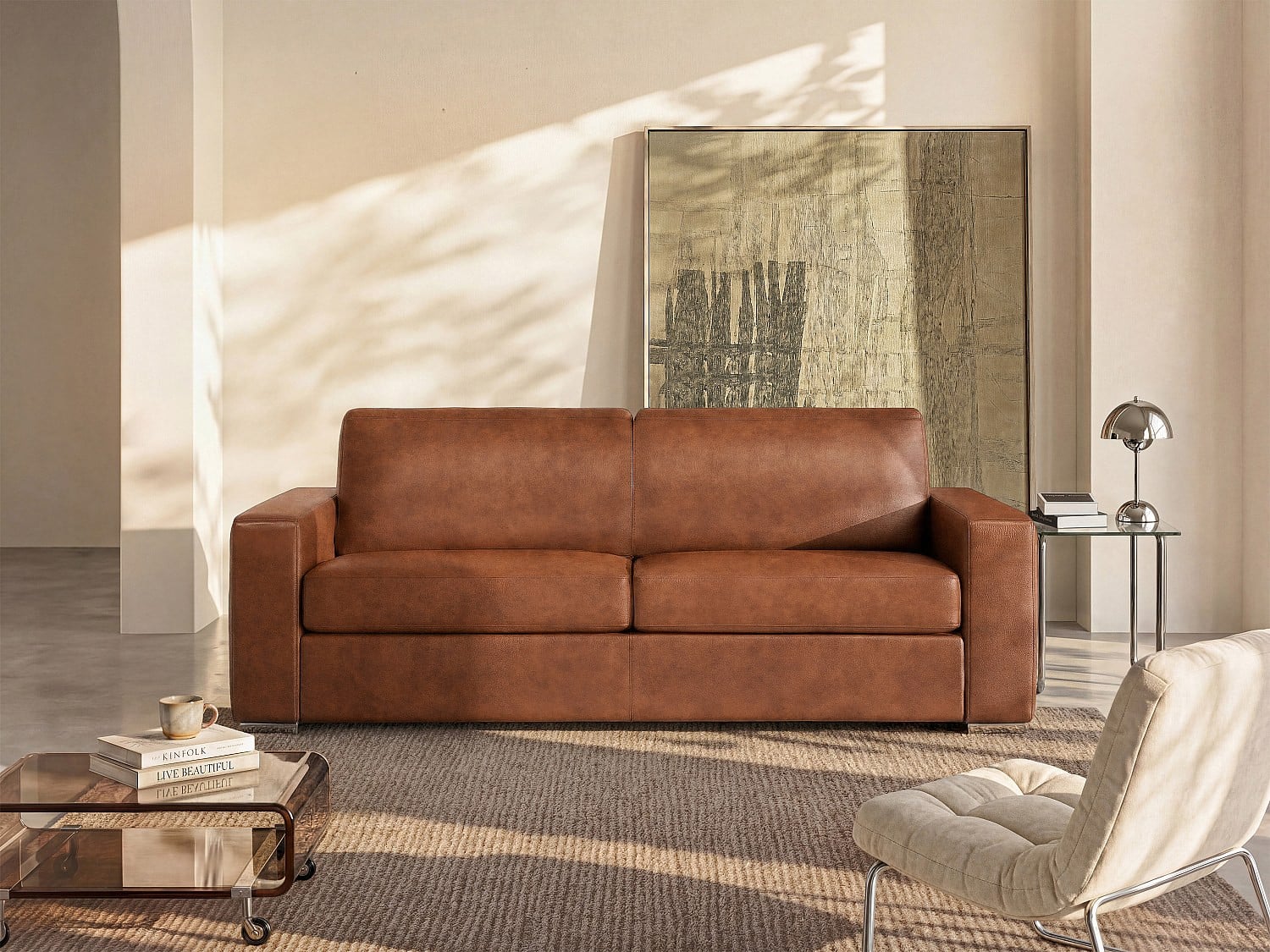CALITO Vierzits express slaapbank in vintage karamelkleurig buffelleer met traagschuim matras en slaapoppervlak van 160 cm