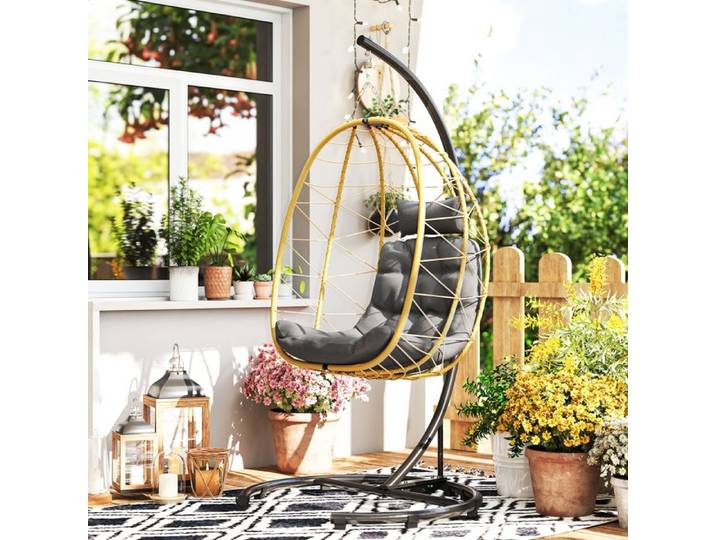 Fauteuil de jardin - Fauteuil œuf suspendu pliable - Rotin PE tressé - Cadre acier - Coussin 15 cm