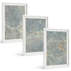 BILDER SET 3er Set - 40x60 cm Weißer Rahmen - Dekorativer Stein aus grünem Marmor