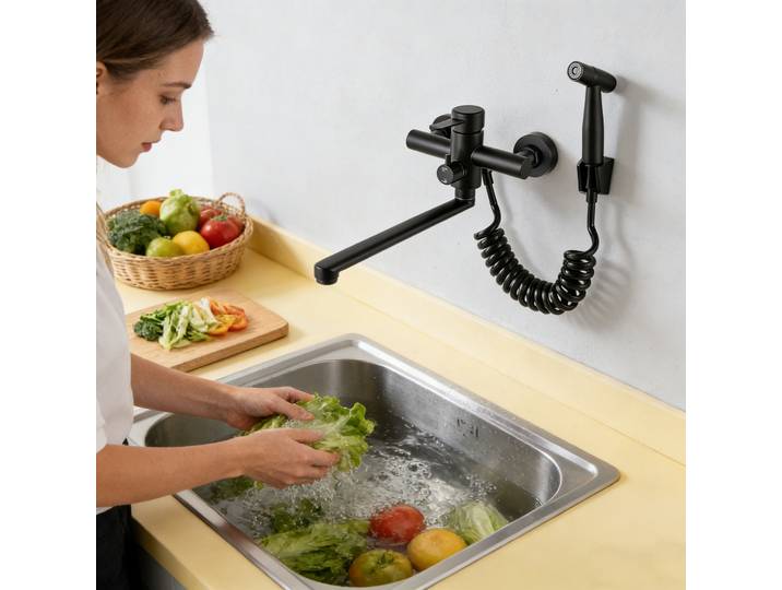 Robinet de cuisine noir en acier inoxydable, montage mural, multifonctionnel 360° ° Robinet mural de cuisine rotatif avec pistolet pulvérisateur, tube rotatif de 35 cm