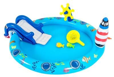 Costway Inflatable Play Center Marine Life Spray Pool with Shark-shaped Slide Lighthouse Sprinkle