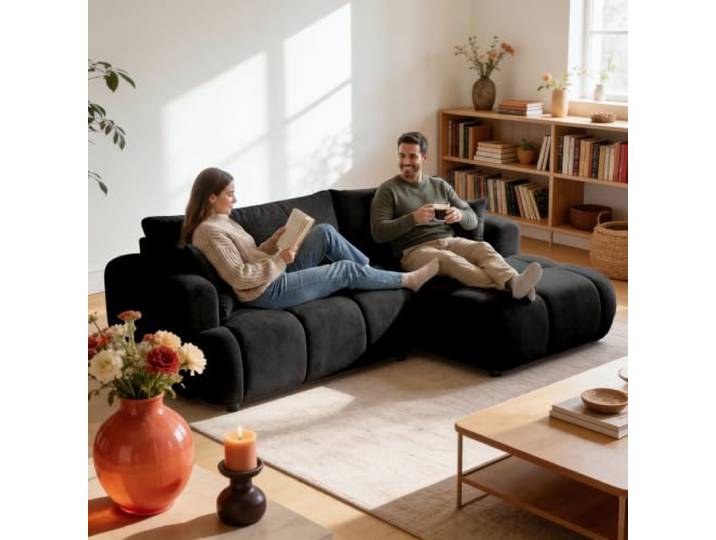 Muffo Calm L Ecksofa mit Schlaffunktion und Bettkasten Rechts Schwarz Schlafcouch ausziehbar, Stauraum, Sofabett, Eckcouch, Webstoff, lose Rückenkissen, Zierkissen, Wellenfedern