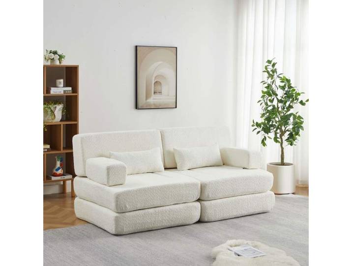 Canapé convertible 2 places 2 en 1-Chauffeuse modulable pliable-Chenille-Lit d'appoint-Cadre métal-Compressé-Beige
