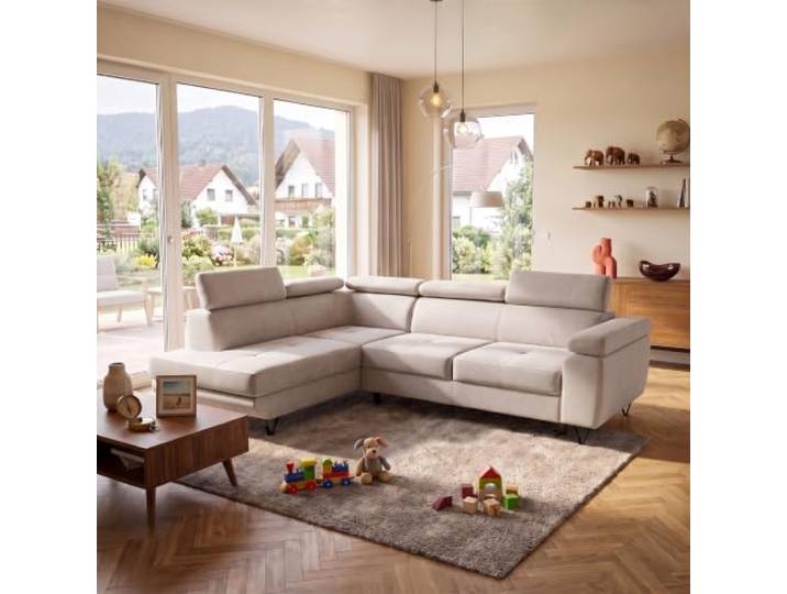Muffo JUNIOR L Ecksofa Links, Schlaffunktion, Bettkasten Creme Eckcouch, Schlafcouch, ausziehbar, Sofabett, freistehendes Sofa, verstellbare Kopfstützen, Stauraum, Couch, Sofabed