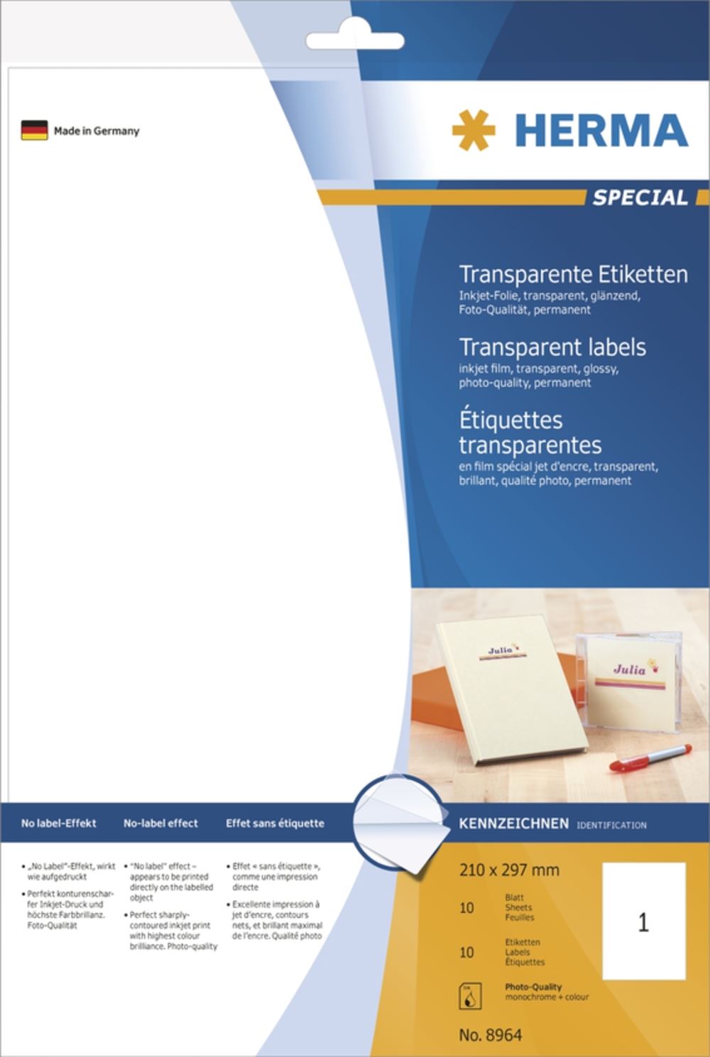 Herma 8964 transparent Inkjet-Folienetiketten 21.0x29.7 cm (10 Blatt (10 Etiketten))