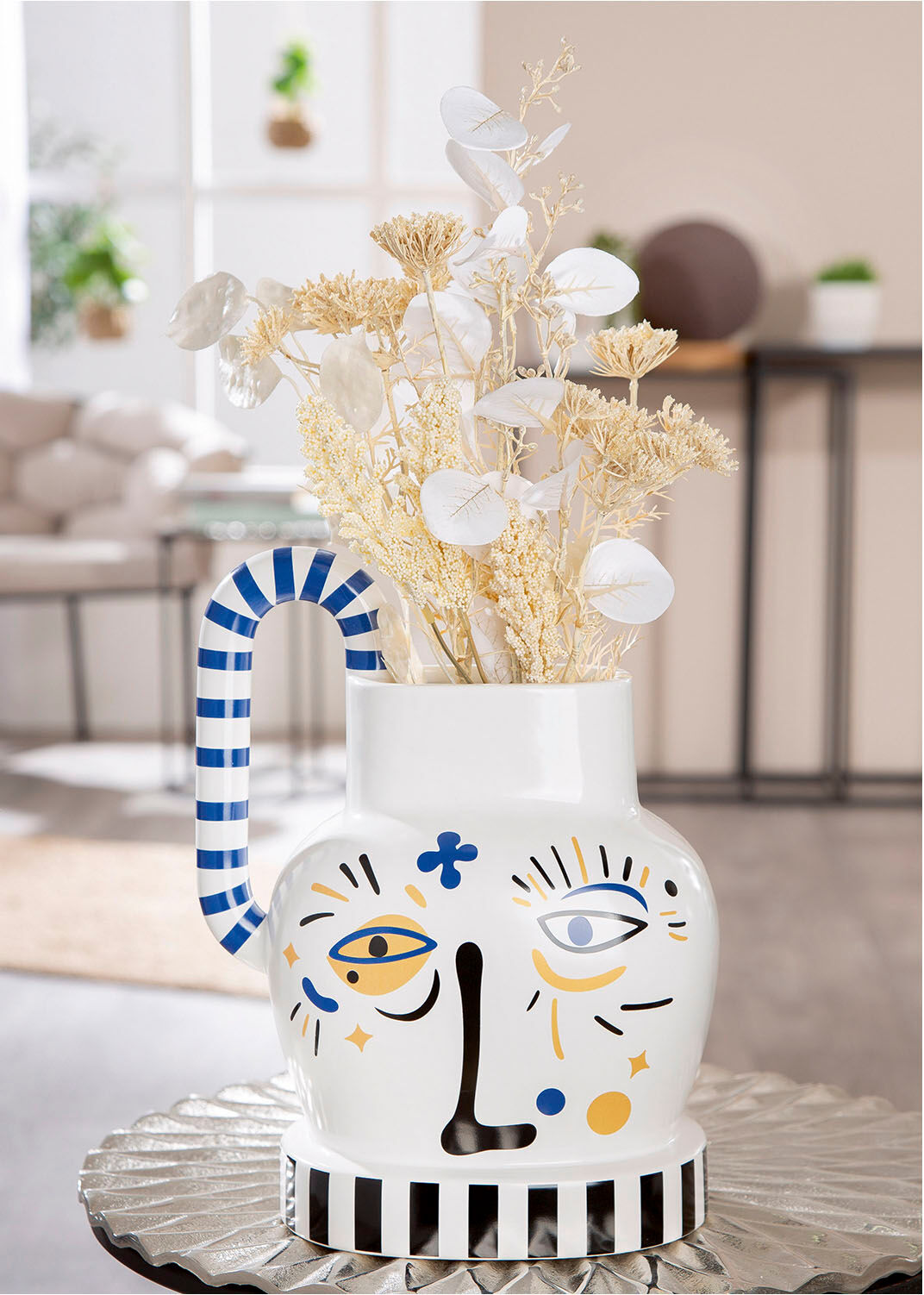 Tischvase GILDE "Henkelvase Fira weiss H. 23 cm", weiss (weiß), B:24cm H:23cm T:15cm, Keramik, Vasen, Tischvase weiß B/H/T: 24cm x 23cm x 15cm