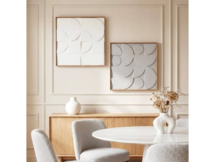 HOMCOM Lot de 2 Tableaux Abstraits 3D Bois Géométrique\, 80 x 80 cm\, Blanc Décoration Murale\, Suspendu Décor Moderne\, pour Salon\, Chambre à Coucher\, Bureau