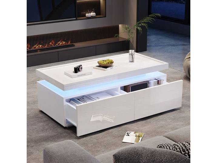 Table basse brillance avec LED Table basse à 2 tiroirs minimaliste moderne Table D'appoint Design géométrique Blanc 95x45x35cm