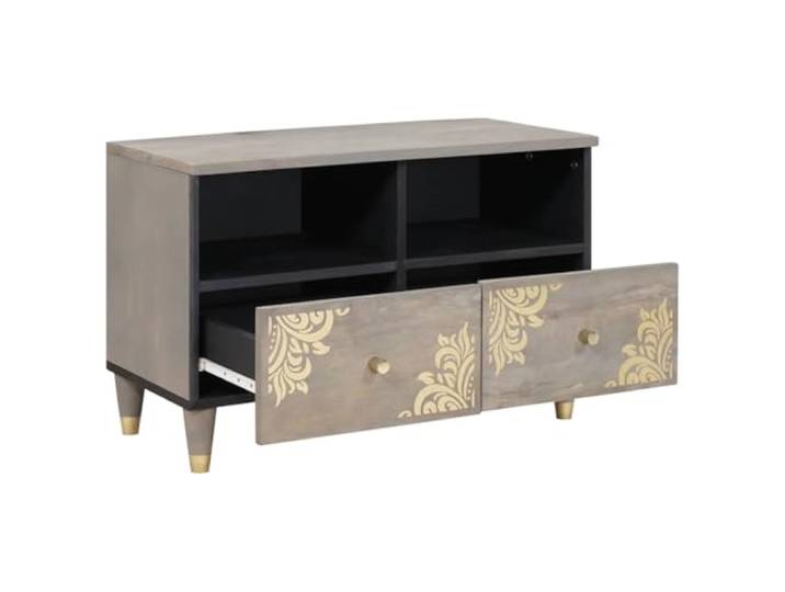 SKTQYQO TV-Schrank Grau 70 x 33 x 46 cm Mangoholz massiv Goldenes Siebdruck-Design, Messingknöpfe, Messingbeine, integrierte Schublade, technisches Holz, modernes Wohnzimmer