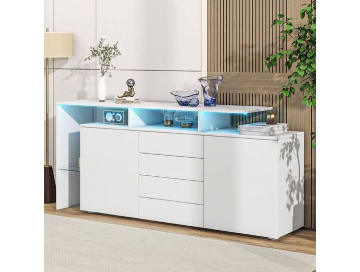 Commode buffet - LANGTU - 160x35x70 cm - Blanc brillant - Avec LED - Panneaux