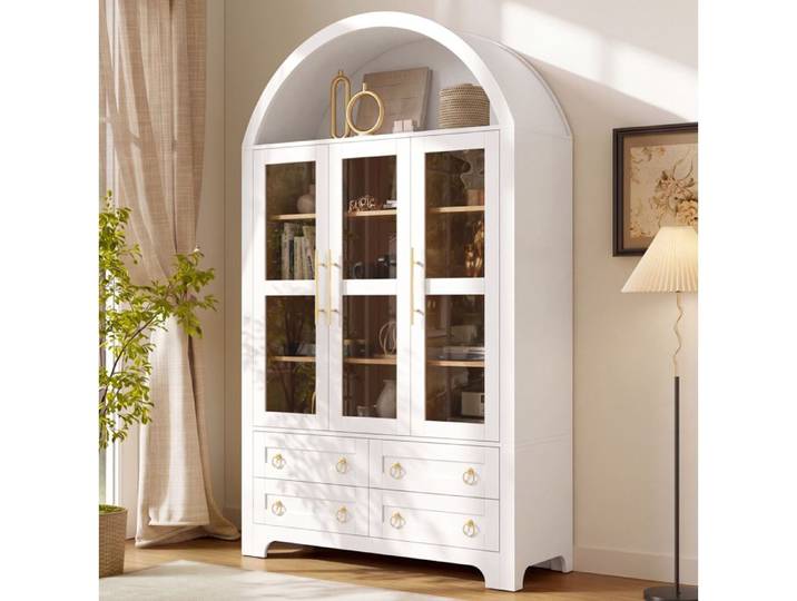 ULEVR buffet haut blanc 3 portes vitrées 4 tiroirs niche ouverte en arche MDF et panneaux de particules