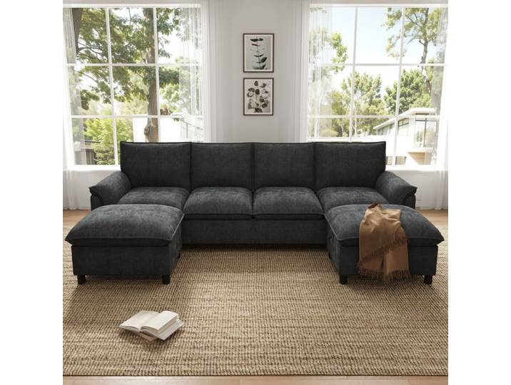 MEULVA Canapé d'angle U modulable en chenille noire 2 poufs mobiles assise profonde dossier haut