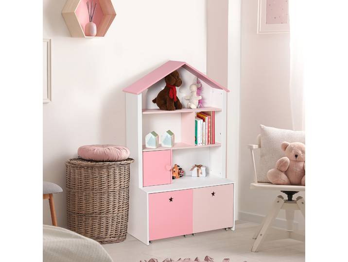 HOMCOM Bibliothèque étagère Design Maison 4 niches Placard Grand tiroir Double Compartiment MDF Blanc Rose