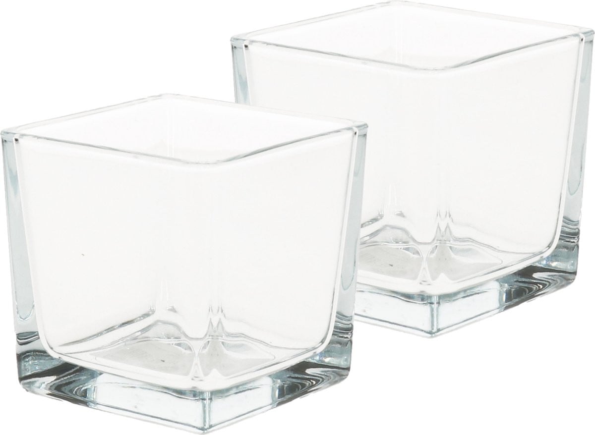 Set van 8 transparante vierkante glazen waxinelichtjeshouders, 8 x 8 cm