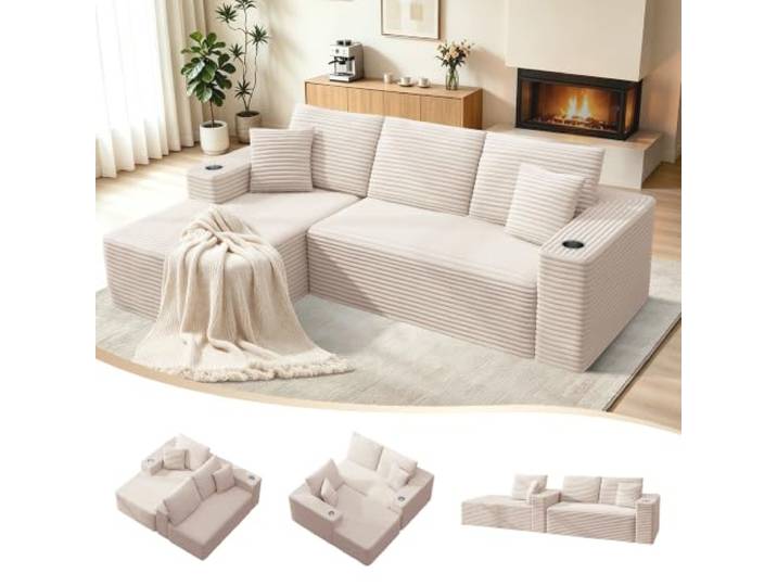 Quantaglide 102 Knochenlose Cloud Couch L Form Sofa mit Schlaffunktion, Modulares Sektions Sofa mit Chaise, Cord Schlafsofa für Wohnzimmer Schlafzimmer, 3-Sitzer-Sofa, Beige