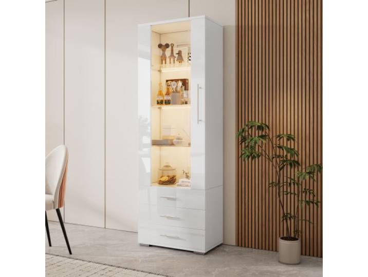 Vitrine moderne en verre avec LED Blanc brillante 3 tiroirs rangement vertical 60x35x180cm