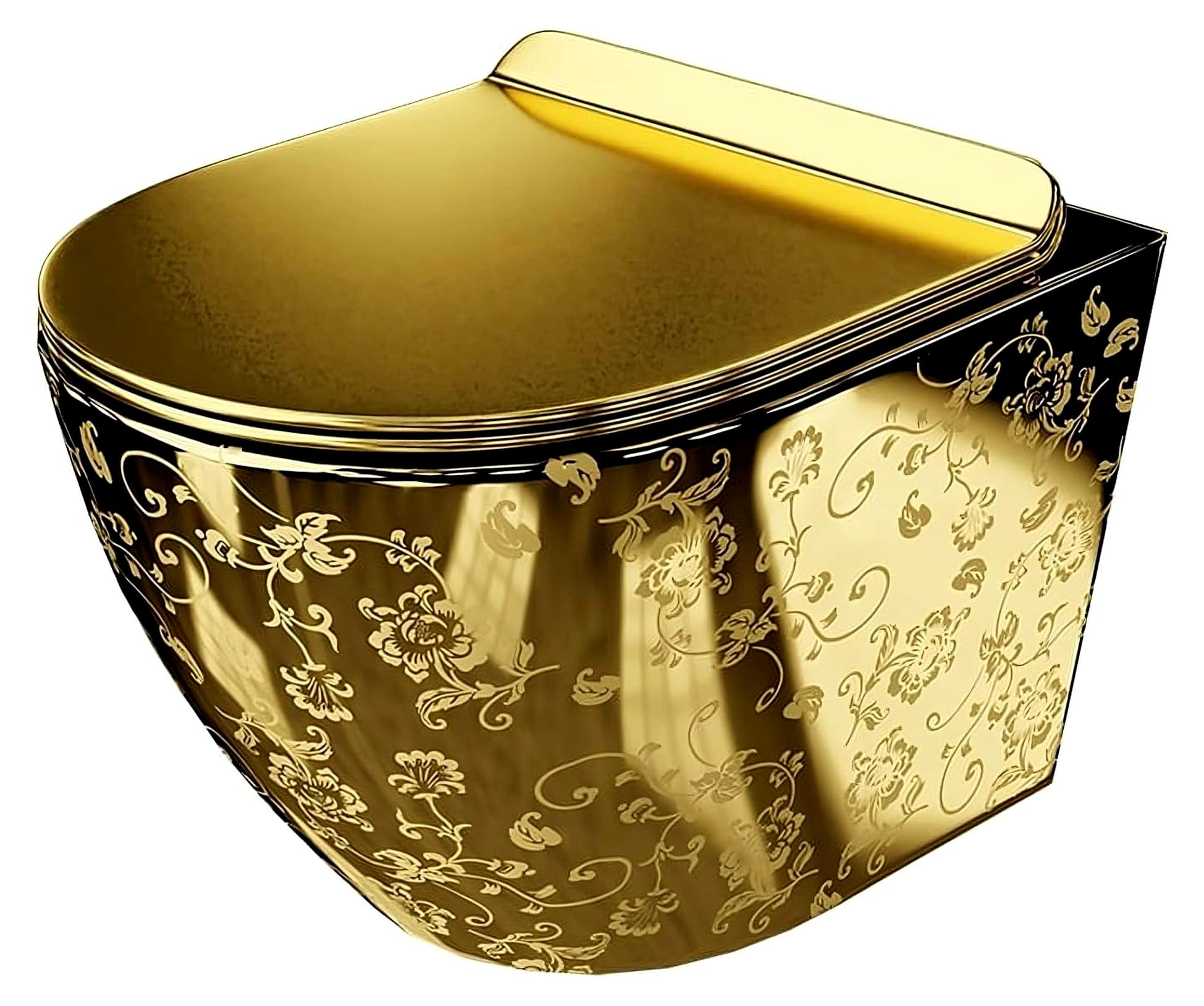 Hängendes Wand-WC mit Absenkautomatik und Metallscharniere, spülrandlos, Modell Sofi Slim Golden Eye, 365x490x395 mm, Gold