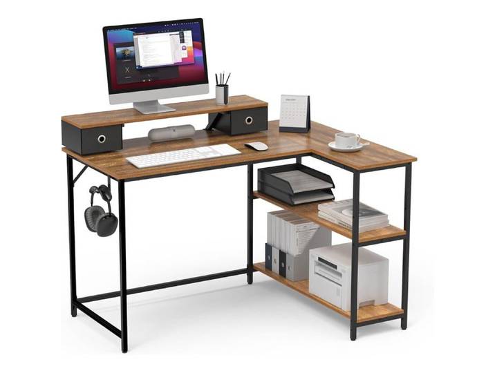 120cm Bureau d'angle avec Support de Moniteur Tiroirs Marron Bureau Enfant avec Étagère Amovible Support de Moniteur