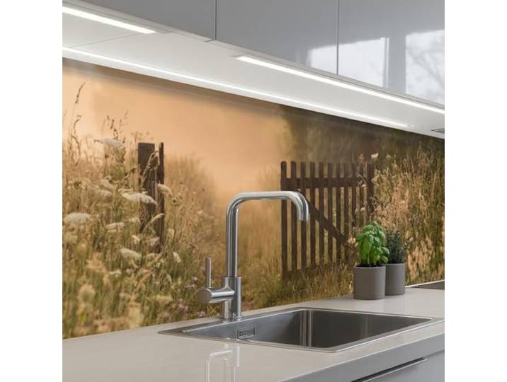 KitchenYeah© Küchenrückwand Selbstklebende Kitchen Wall Protector Küchen 80x400 cm - Rückenwand Küchenfronten Küchenrückwände Küche Wand Zaun - Natur - Nebel - Feld