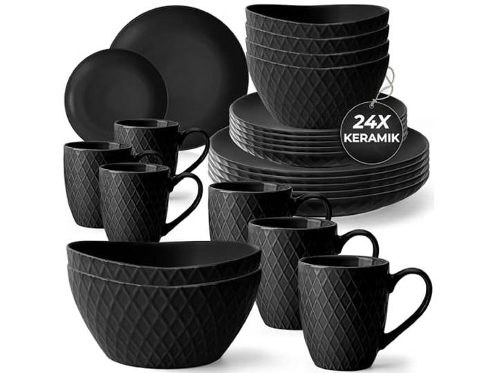 MIAMIO - Geschirrset/Tafelservice Keramik (24-Teilig) - Palmanova (Schwarz) Modernes Tafelservice Steingut / große & kleine Teller, Schüsseln & Kaffeetassen, Keramik Geschirr Set - spülmaschinenfest