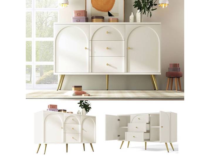 Buffet - Blanc Crème - Design Courbe Élégant - 3 Tiroirs - 2 Portes - 140x40x84cm