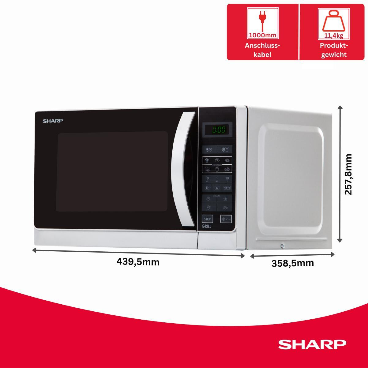 Sharp R642INW magnetron met grillfunctie, 20 liter, zilver, 800 W, 1000 W grill, 8 automatische programma's en LED-display