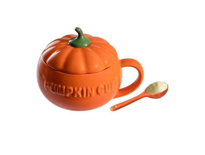 LuxusKollektion Tasse Kürbistasse Keramik m. Deckel Löffel Orange, Keramik