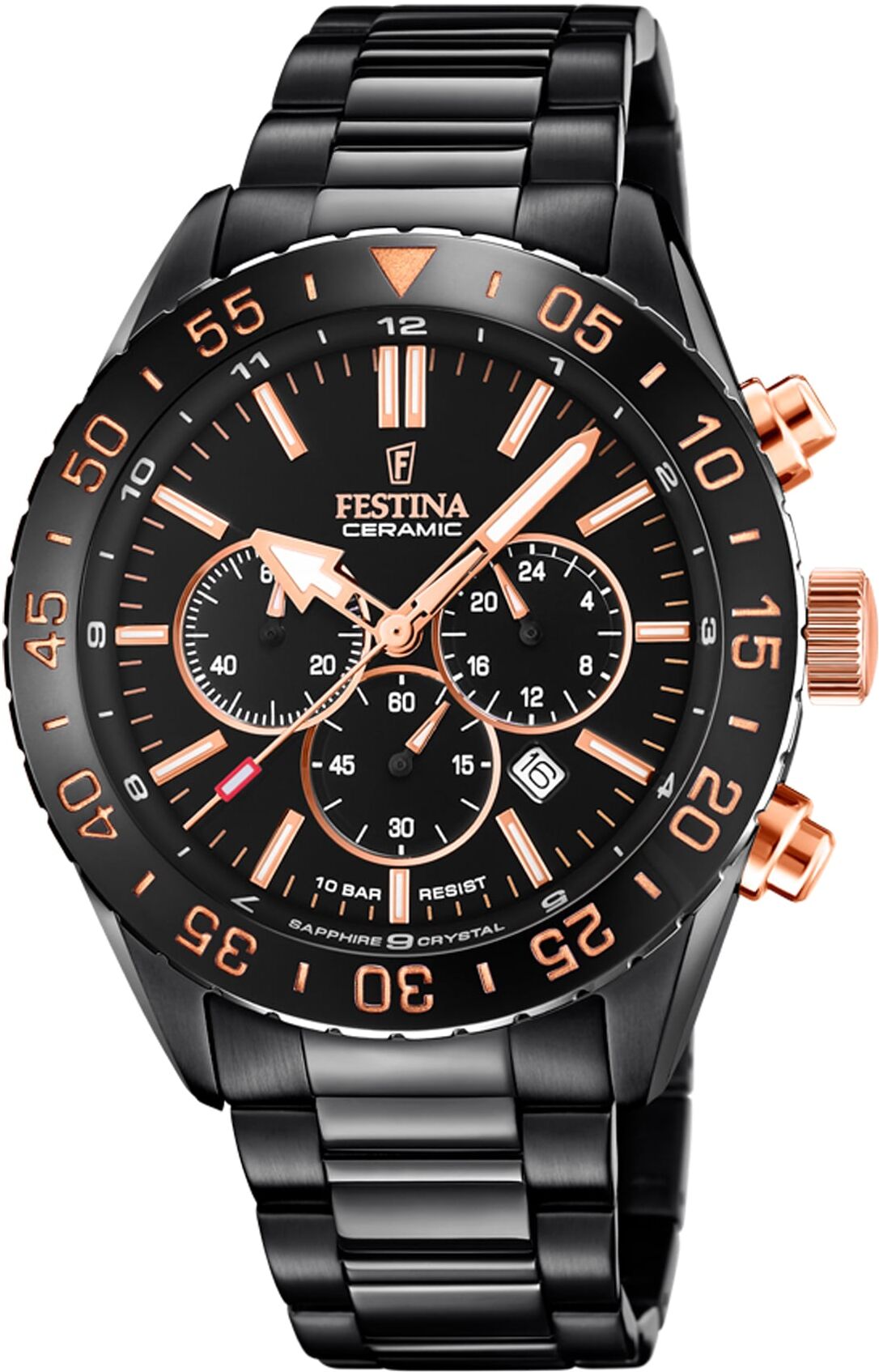 Chronograph FESTINA "Keramik Kollektion", schwarz (schwarz, schwarz), Armbanduhren, Herren, schwarz, Chronograph, Armbanduhr, Quarzuhr, Herrenuhr, Stoppfunktion, Edelstahlarmband