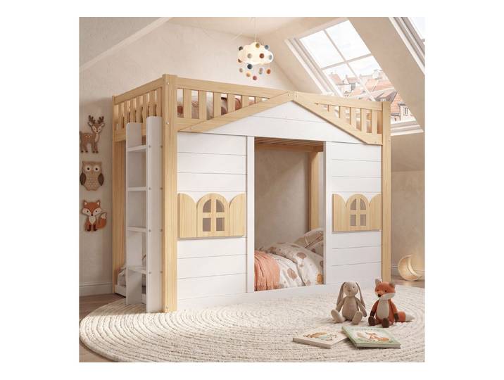 Celya Etagenbett Hochbett, Kinderbett, Holzbett, Hausbett 90x200cm (ohne Matratze, darunter als Bett oder als Aktivitätsbereich genutzt)